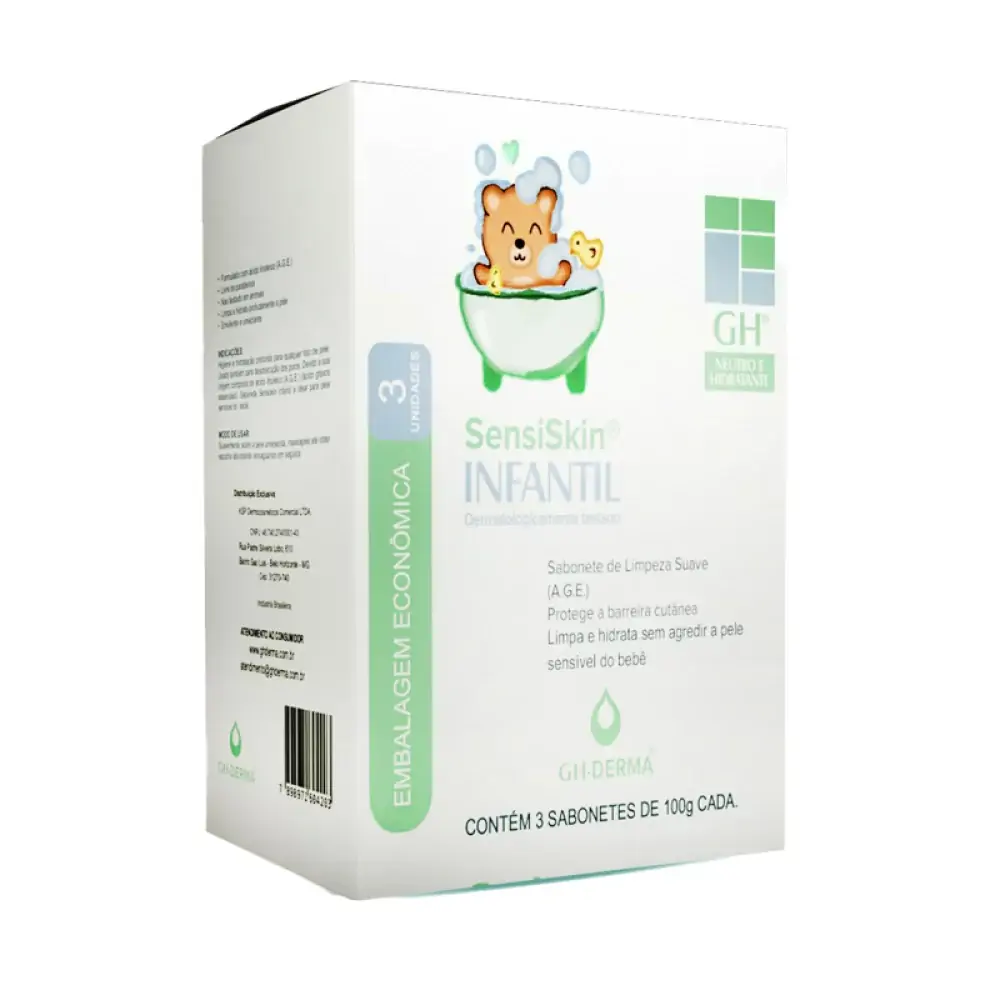Pack Sabonete Infantil Barra Hidratante Neutro Gh Derma Sensiskin Caixa 3 Unidades 100g Cada Embalag