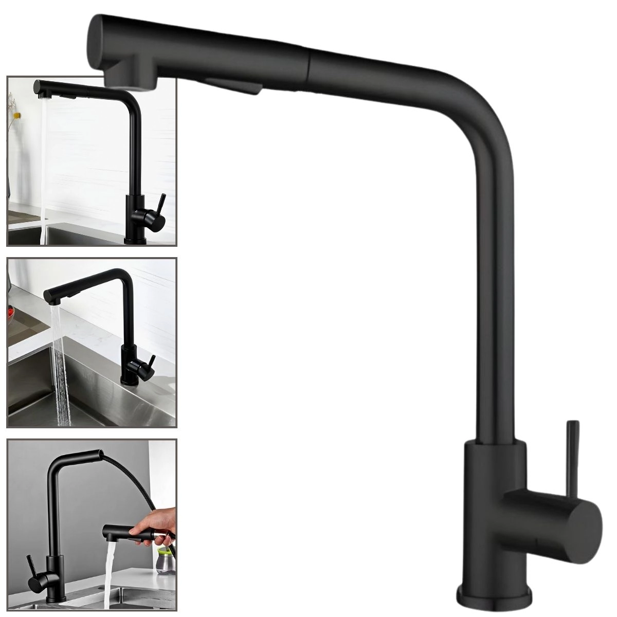 Torneira Bancada Cozinha Gourmet Moncomando Misturador Mangueira Retratil Preta - Modelo Retracta