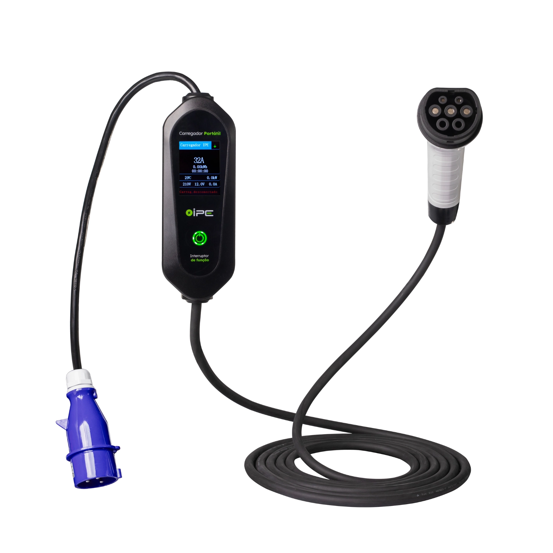 Carregador portátil para carro elétrico IPE P7 com potência de 7 kW em tomada industrial  32A - 110/220V