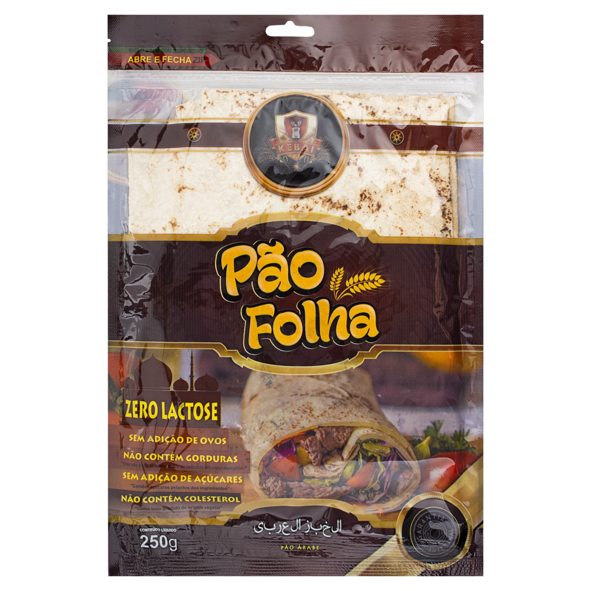 Pão Folha Árabe Zero Lactose KEBAI Pacote 250g 4 Unidades