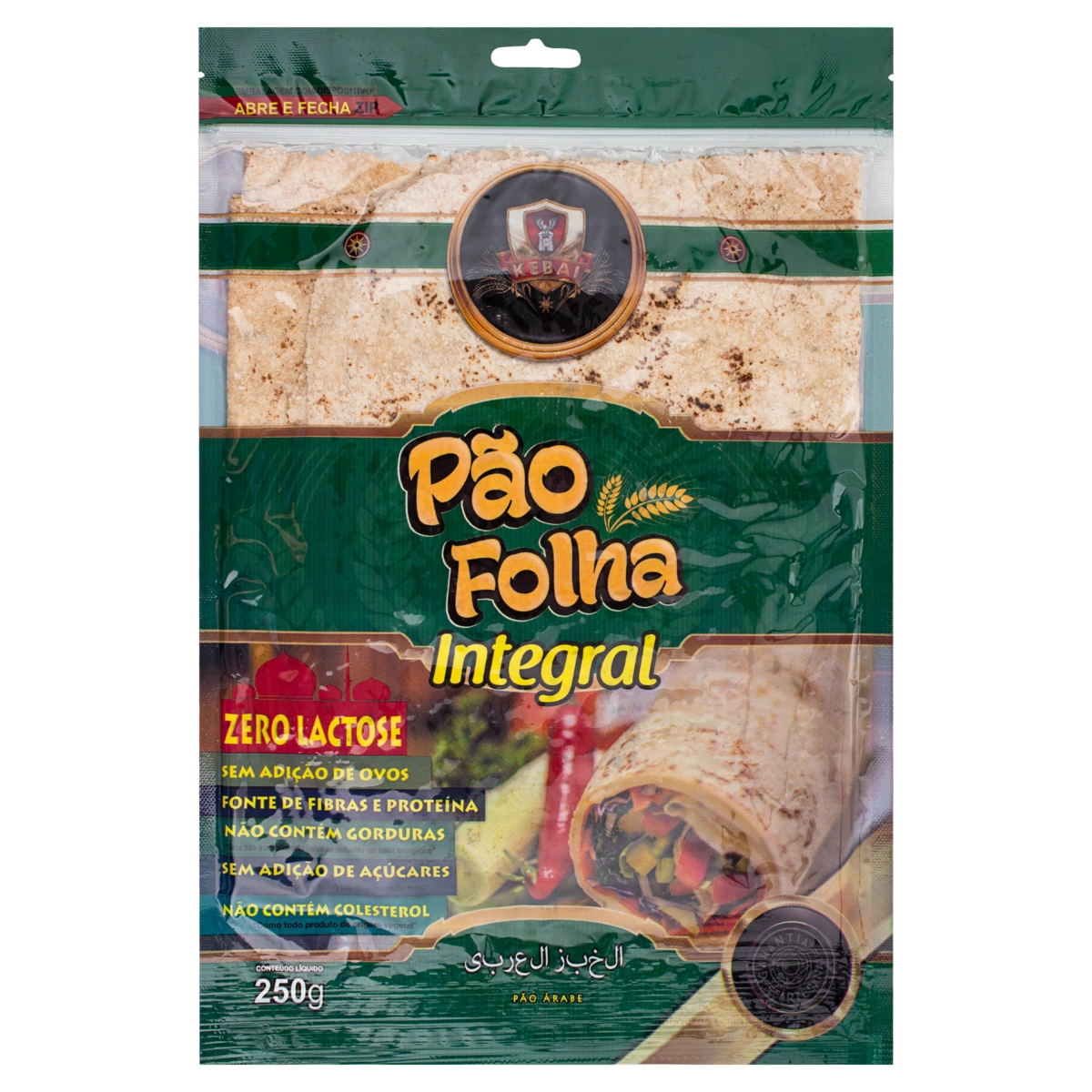 Pão Folha Árabe Integral Zero Lactose Kebai Pacote 250g