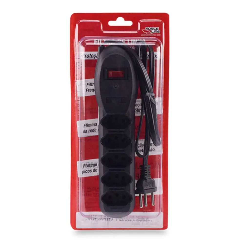 Filtro de Linha com 5 Tomadas 2 Polos + Terra 10a Bivolt Slim Preto