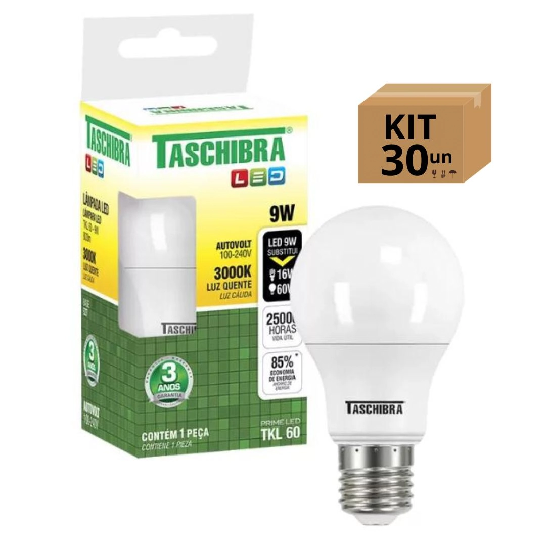 Kit 30un Lâmpada Bulbo Led Taschibra Tkl Bivolt E27 9w 3000k