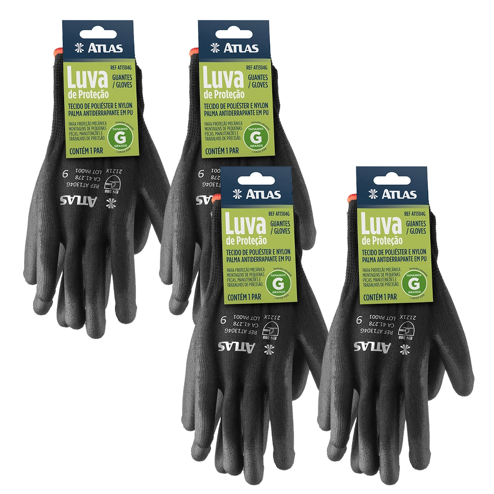 Kit 4 Luva Proteção Antiderrapante Em Pu Tamanho G At1304