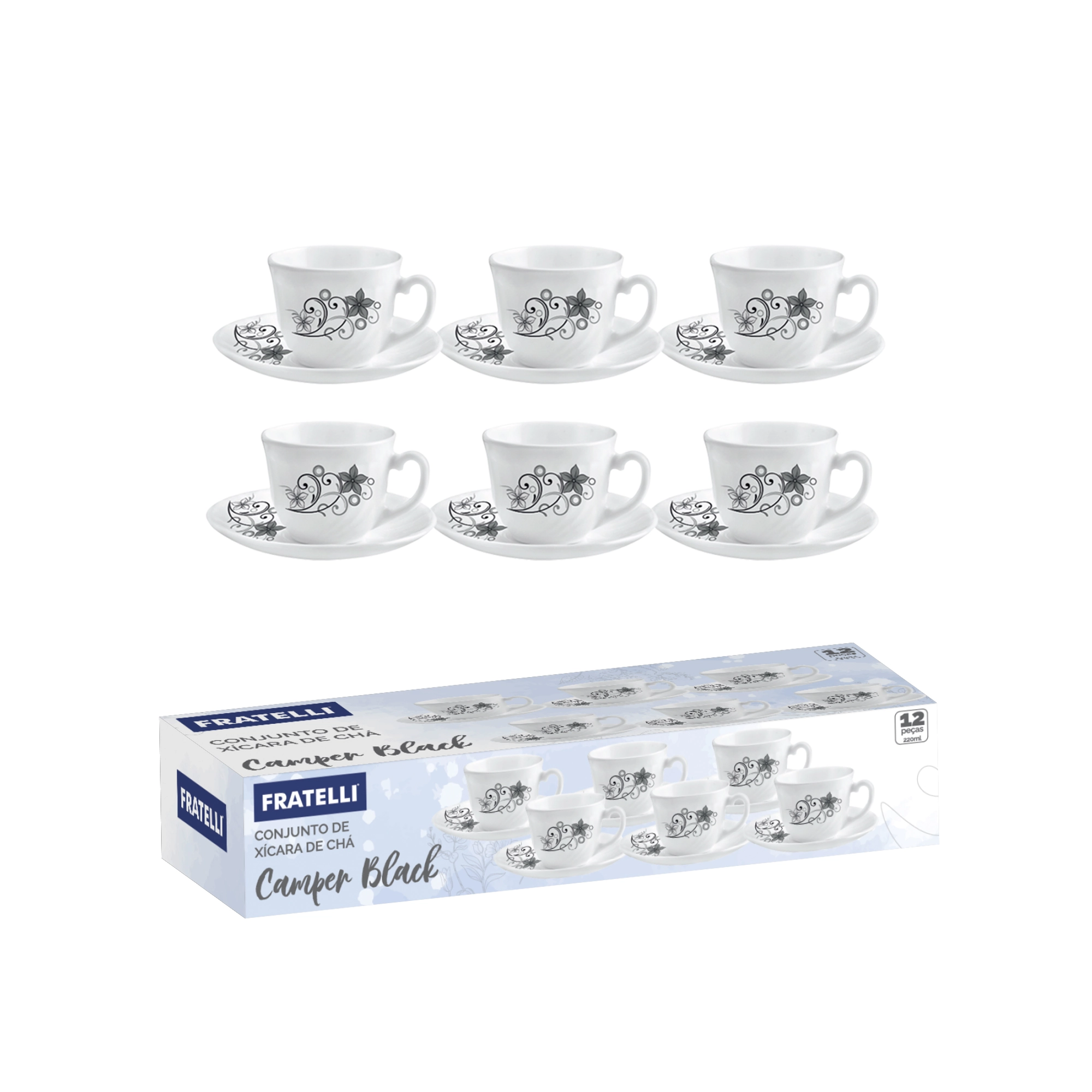 Jogo Xicara Cha Camber Black 220ml 12pcs Co0540383 Euroquadros