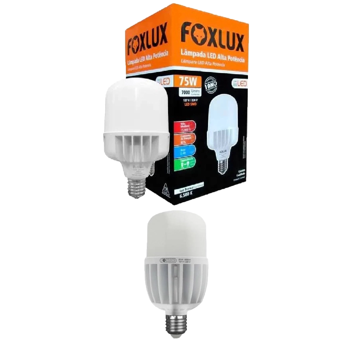 Kit 2 Lâmpada Led De Alta Potência Foxlux E-27 75w 6500k Biv