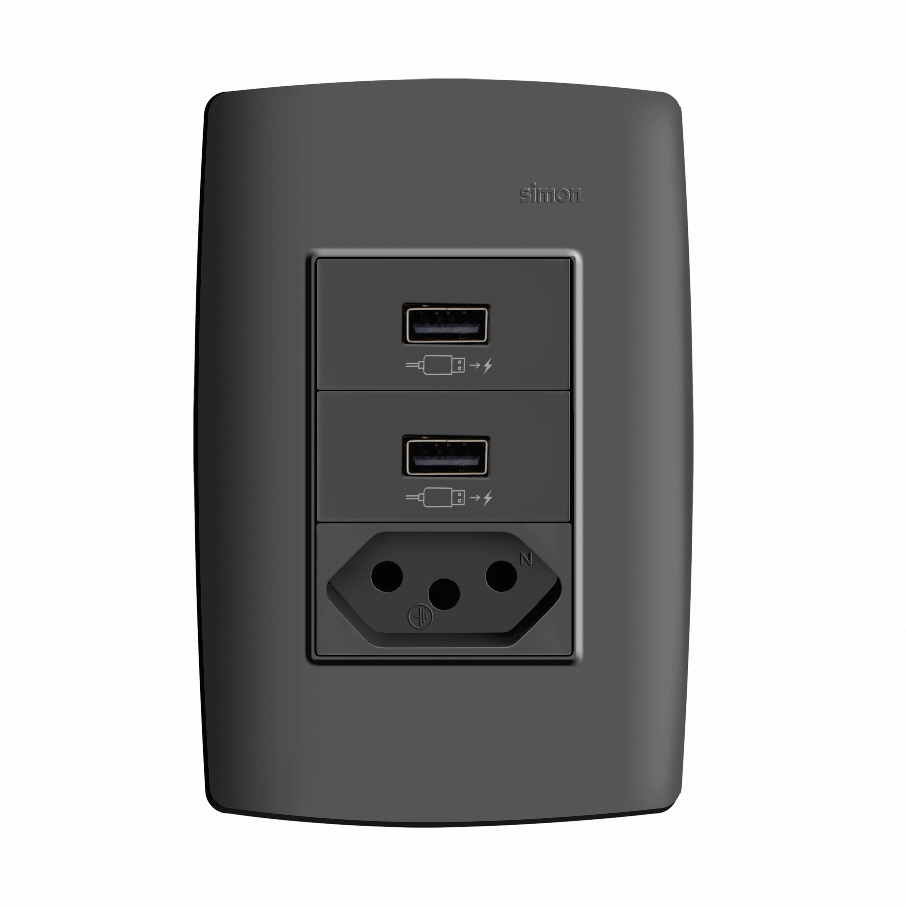 Conjunto 2USB 2.1A Bivolt + Tomada 2P+T 10A Grafite Simon 30