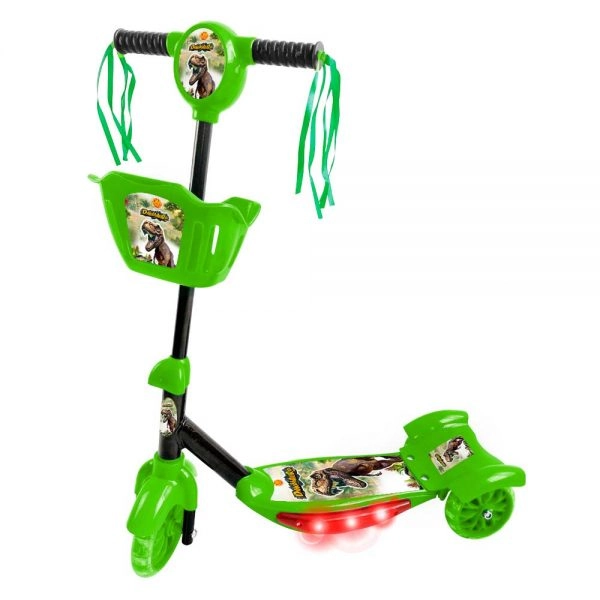 Patinete 3 Rodas Infantil Som Luzes Cesta Verde Dinossauro - DM TOYS