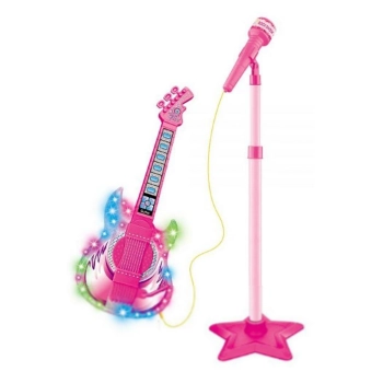 Guitarra com Microfone e Pedestal Infantil Rock Show Rosa - Dm Toys