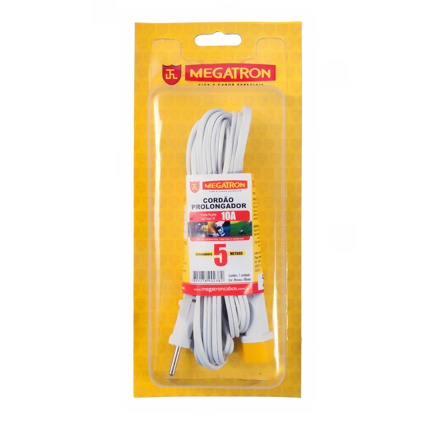 Cordão Prolongador com Cabo Paralelo 2X0,75mm 5Metros Branco Megatron