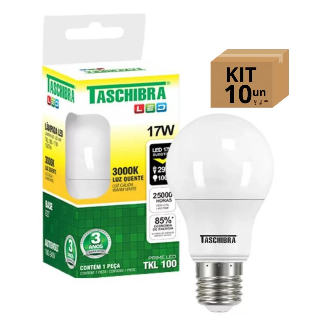 Kit 10 Lâmpadas Bulbo Led Taschibra Tkl Bivolt E27 17w 3000k