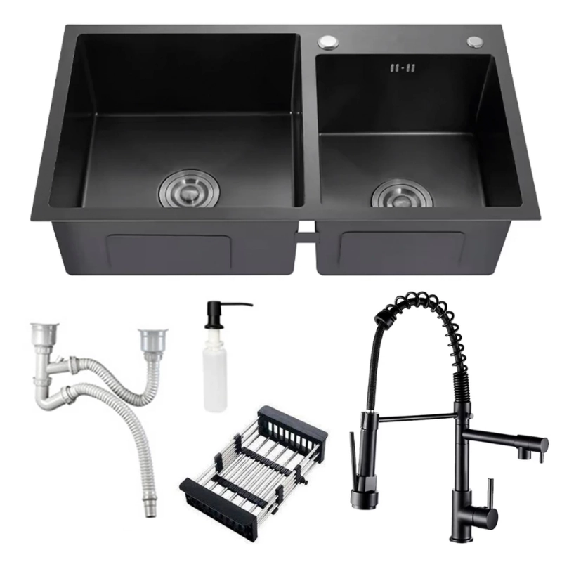Cuba Dupla Preta Gourmet Quadrada Cozinha Pia Aço Inox + Torneira Monocomando Misturador Brinovar