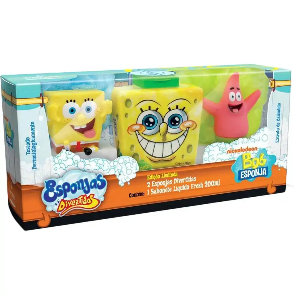 Kit Bob Esponja Banho 2 Esponjas Sab Liq 200ml