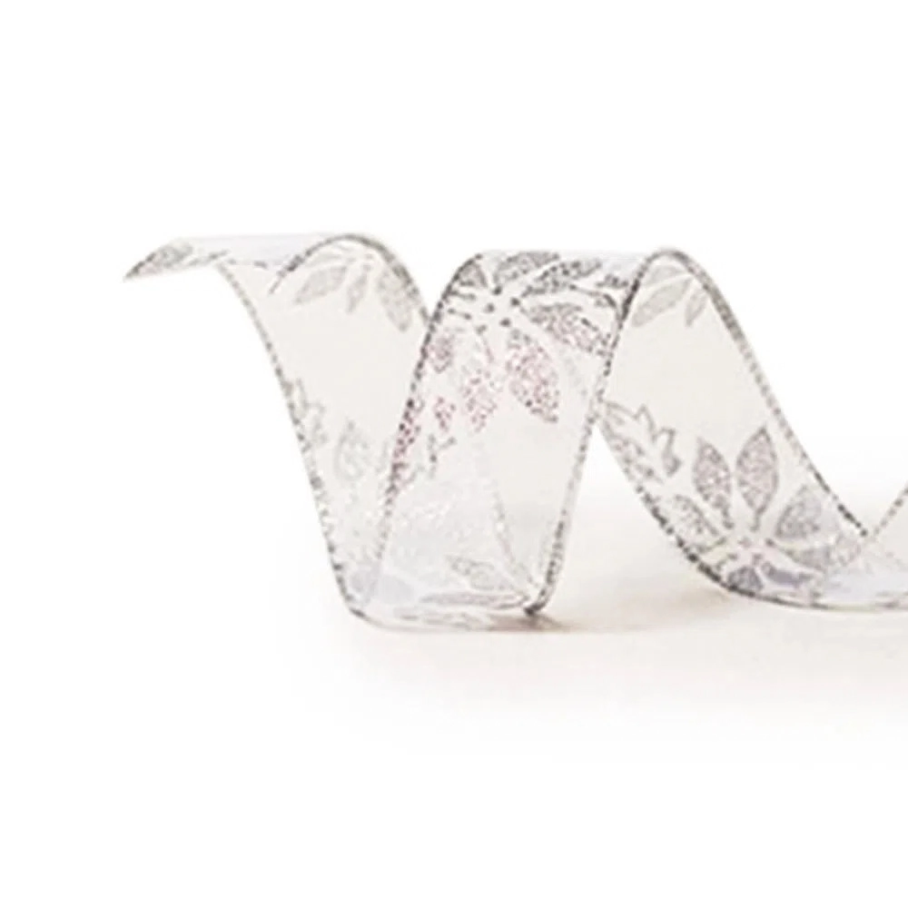 Fita Voal Folhas Prata 6.3cm