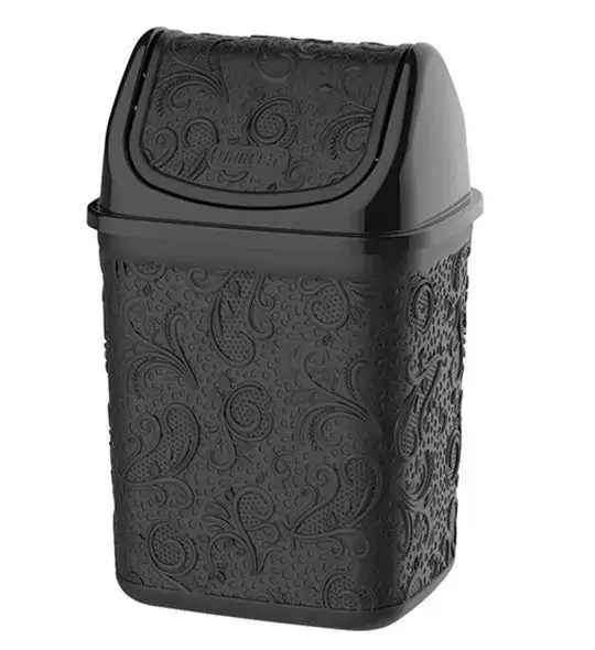LIXEIRA BASCULANTE RETANGULAR COM DECORAÇÃO FLORAL EM ALTO RELEVO PRETA 4,5L