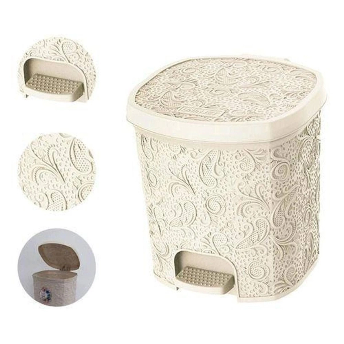 LIXEIRA OVAL COM DECORAÇÃO FLORAL EM ALTO RELEVO E COM PEDAL BEGE 8L