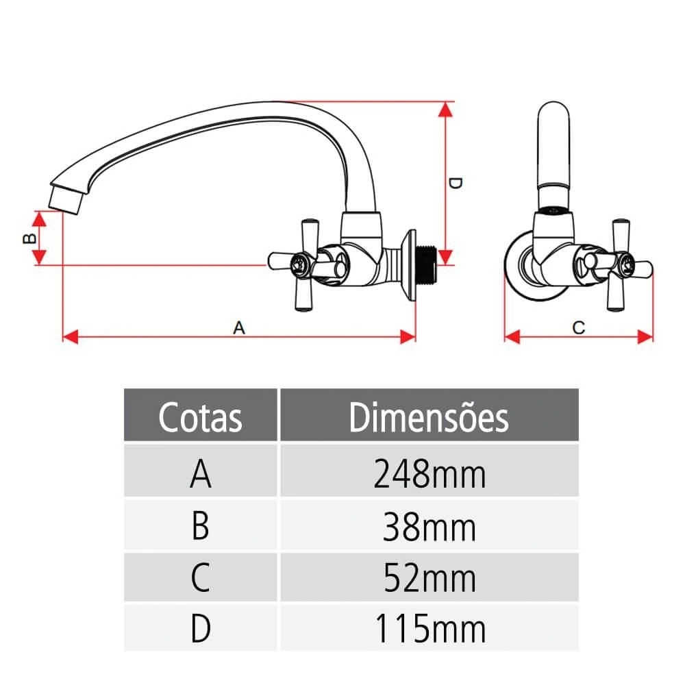 Torneira Tigre Abs Cozinha Parede Horizontal Movel Cross 1/2-3/4 Branca Ref 476