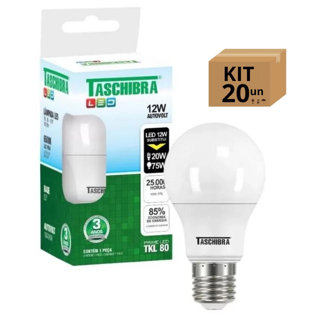 Kit 20 Lâmpadas Bulbo Led Taschibra Tkl Bivolt E27 12w 6500k