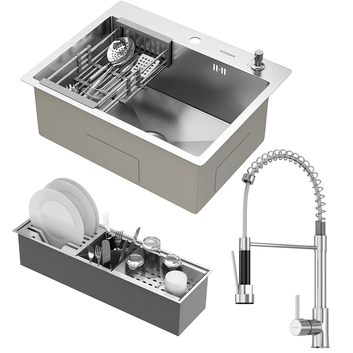 Kit Cuba Quebec 60cm Aço Inox 304 + Calha Organizadora Aço Inox + Torneira Genebra Monocomando GoldenX