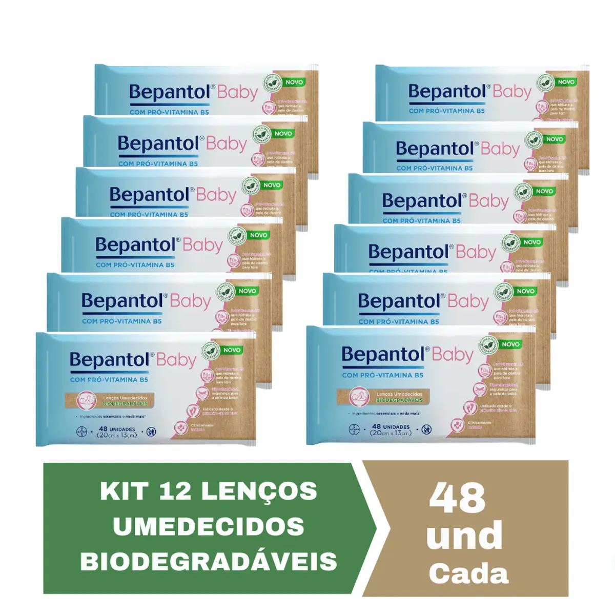 Kit c/ 12 Lenços Umedecidos Biodegradável 48un Cada Bepantol