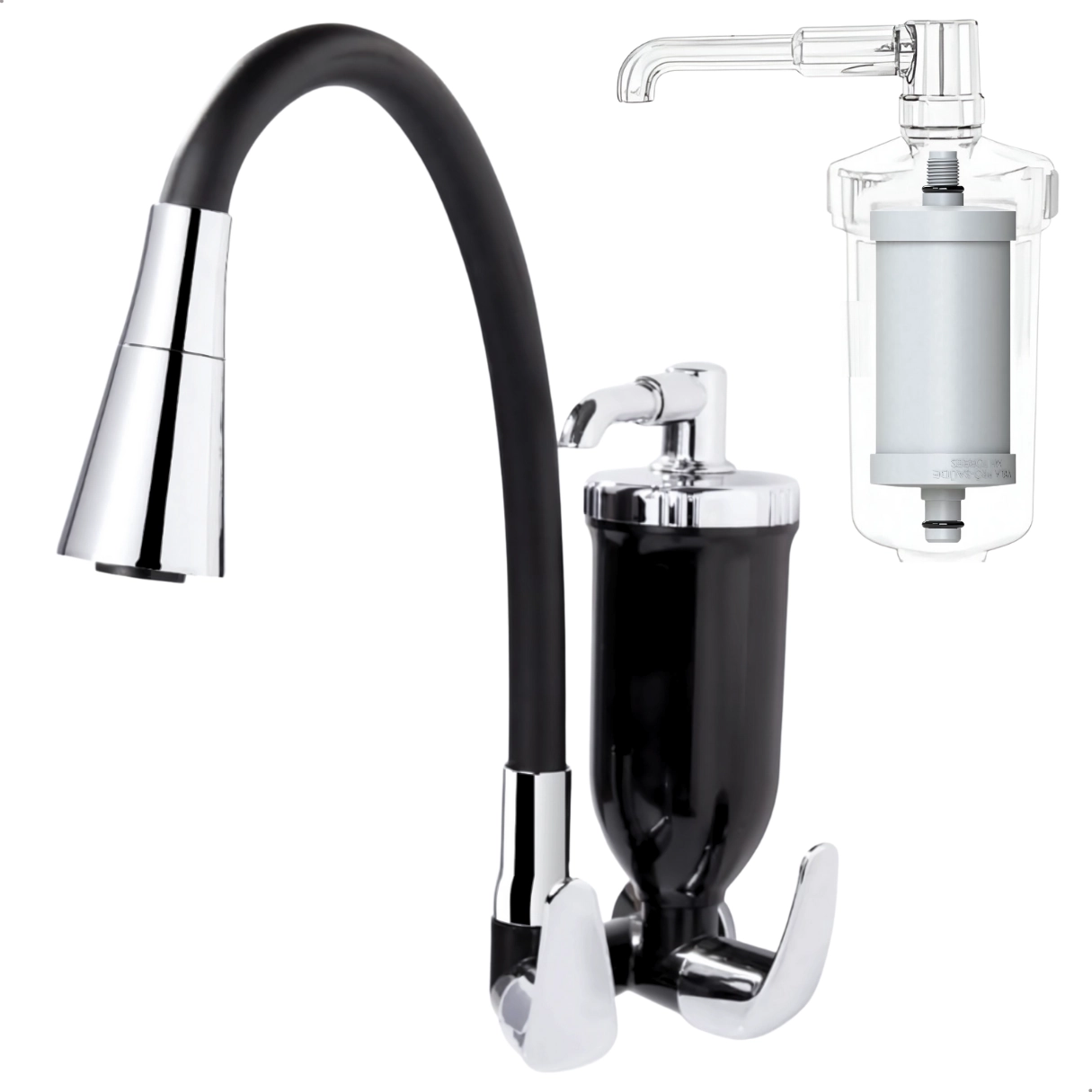 Torneira Gourmet Filtro Cozinha Cone de Parede Preta/Cromada 1/4 de Volta