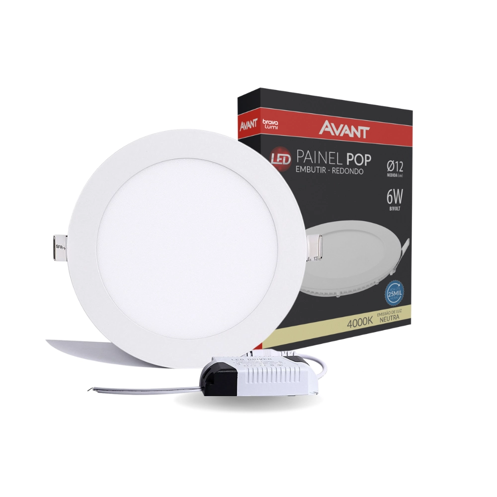 Painel De Led Avant Redondo Embutir 6w Bivolt 4000k Neutro Suave