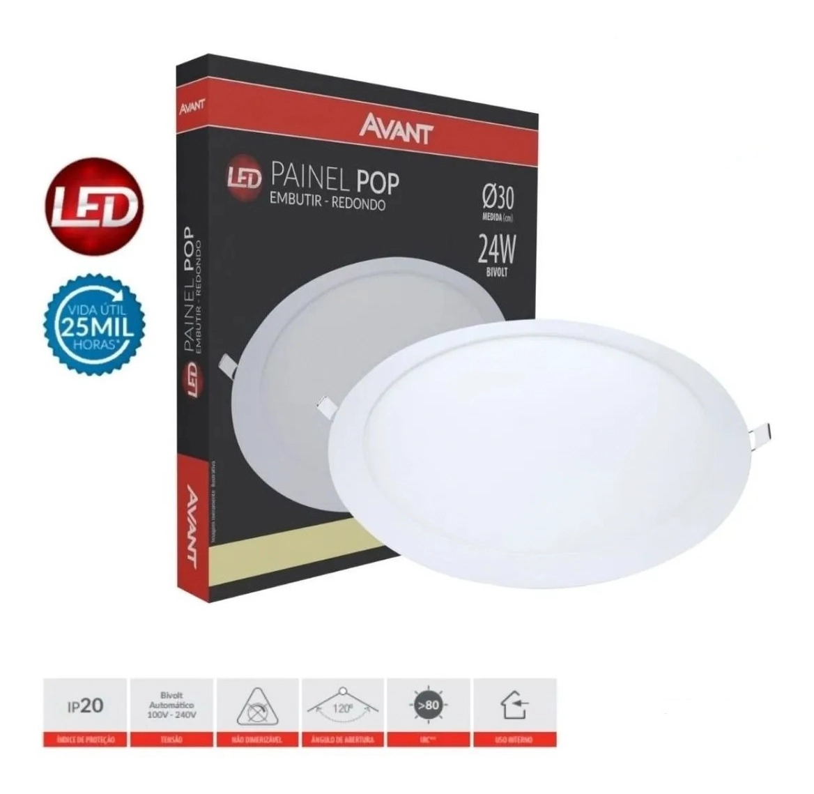Plafon Painel Led Redondo Embutir 24w 4000k Branco Neutro Morno Slim 30cm Avant