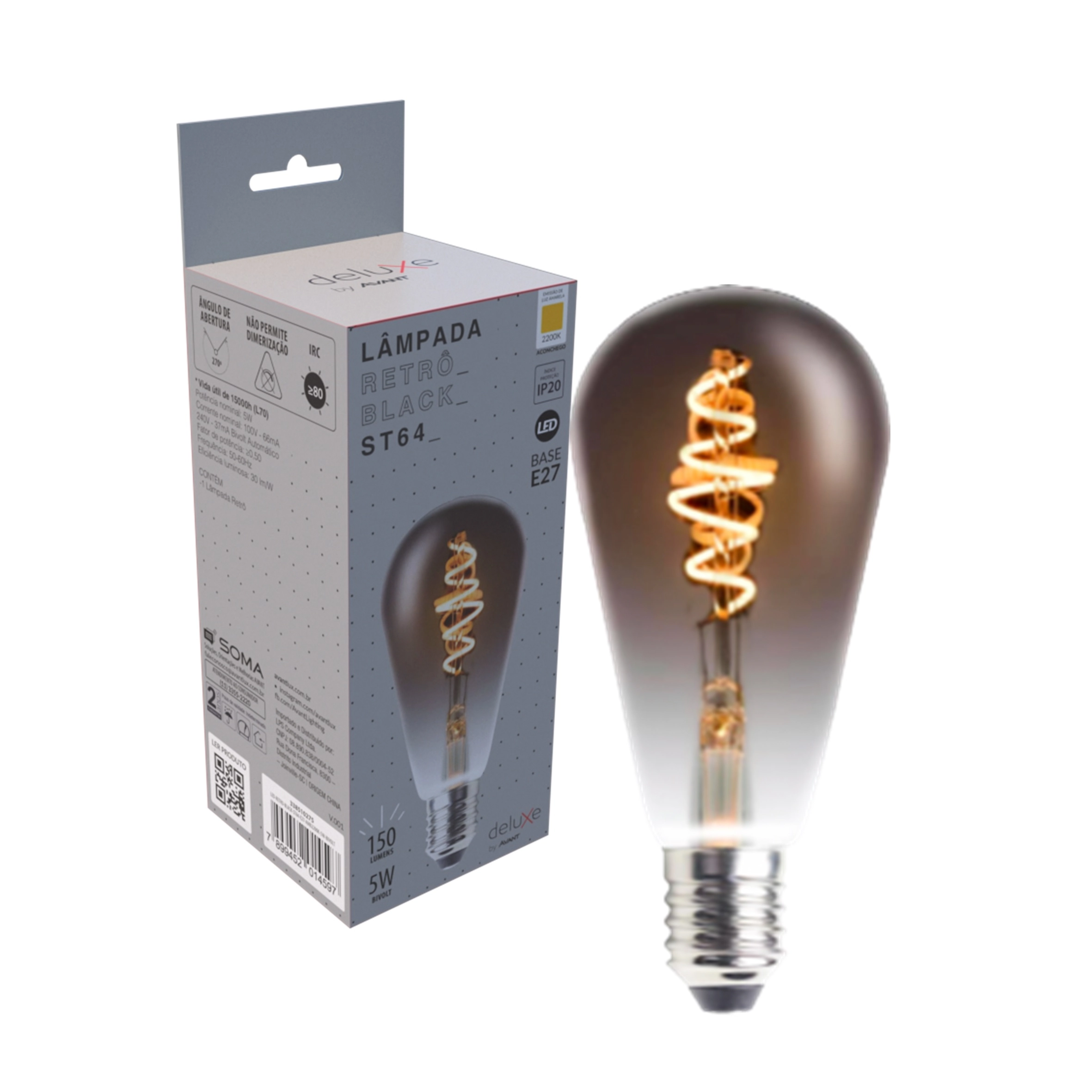 Lampada Retro St64 Filamento Black Led 5w Ambar 2200k