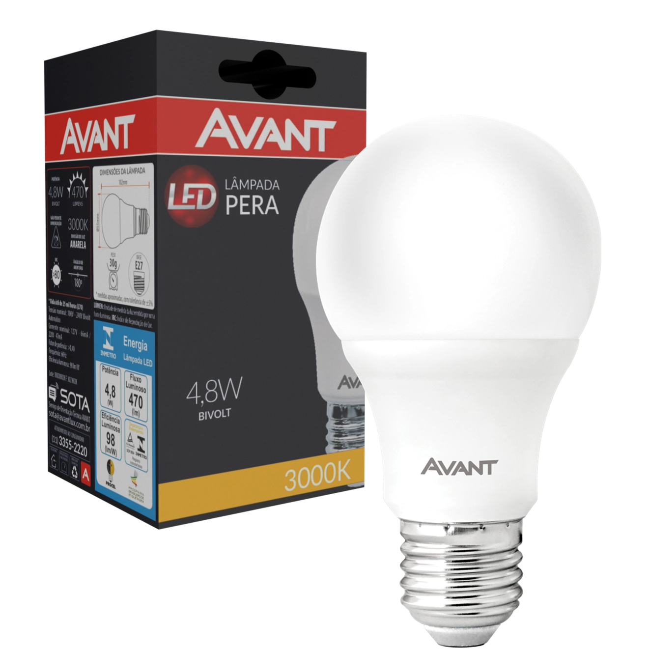 Lampada Led Bulbo Pera 4,8w E27 Branca Quente 3000k Amarela