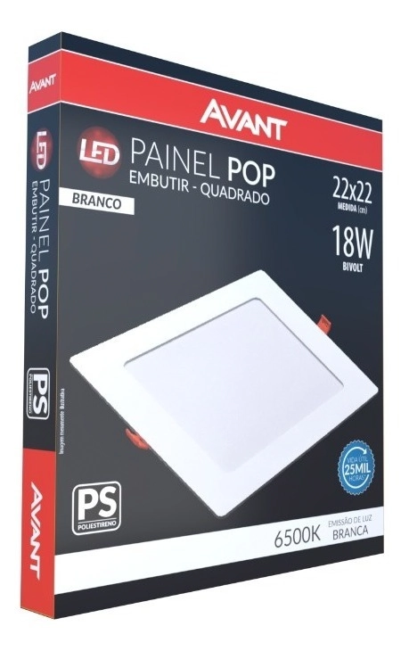 Painel Plafon Embutir Quadrado 18w Branco Frio 6500k Ps