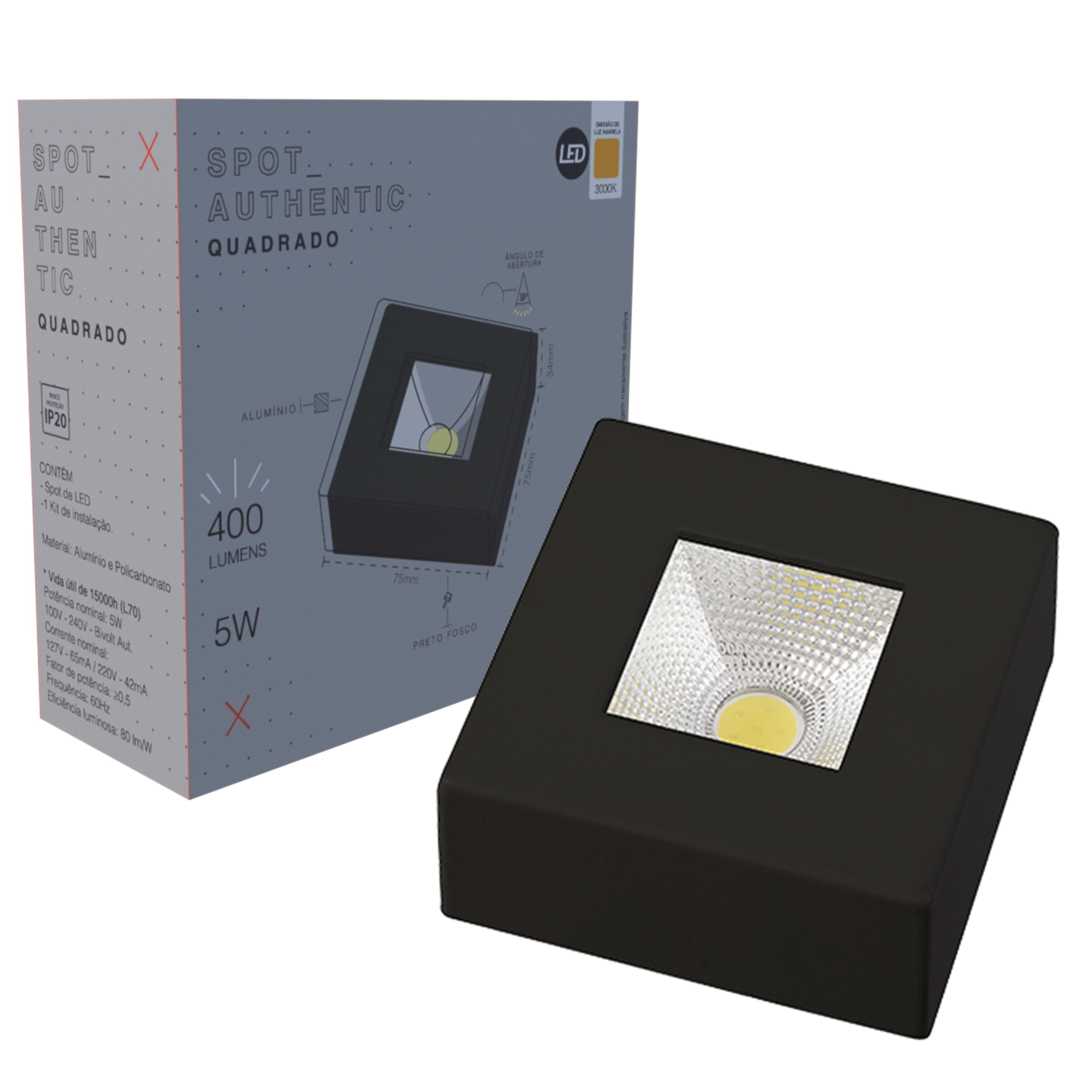 Spot Led Cob Quadrado Sobrepor 5w Preto Branco Quente 3000k