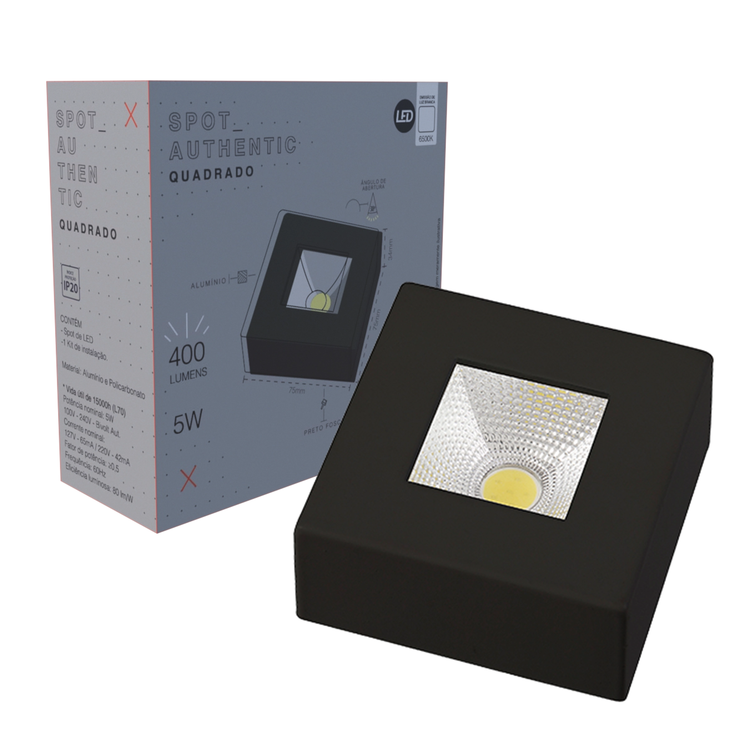 Spot Led Cob Quadrado Sobrepor 5w Preto Branco Frio 6500k