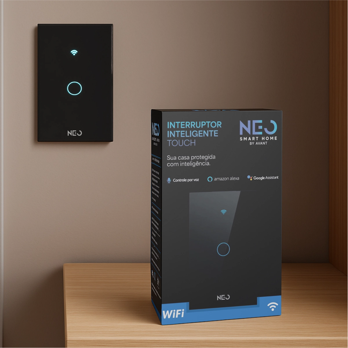 Interruptor Smart Inteligente Wi-fi Alexa Google 1 Botão 4x2 Bivolt Preto Cod: 291990365 Neo Avant