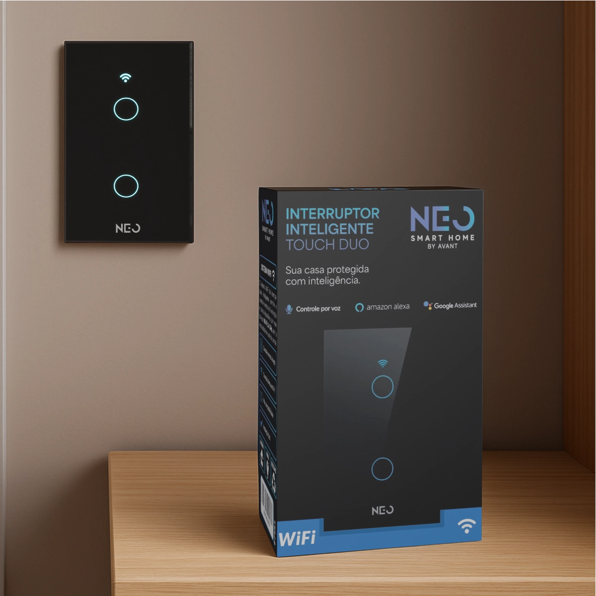 Interruptor Inteligente Smart Wi-fi Alexa Google 2 Botões 4x2 Bivolt Preto Cod: 291990383 Neo Avant