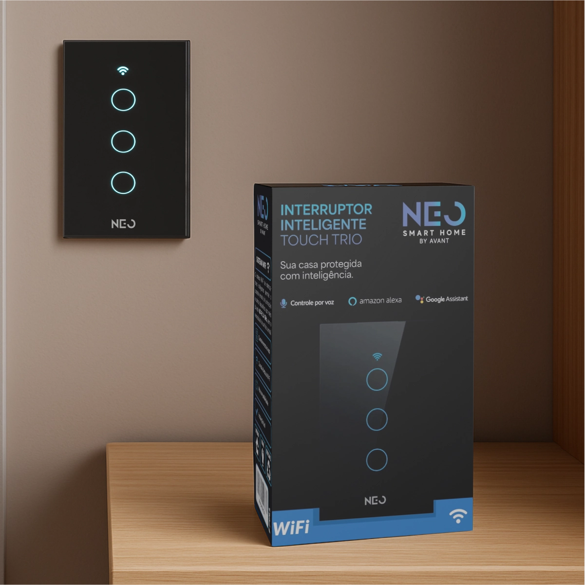 Interruptor Inteligente Smart Wi-fi Alexa Google 3 Botões 4x2 Bivolt Preto Cod: 291990400 Neo Avant
