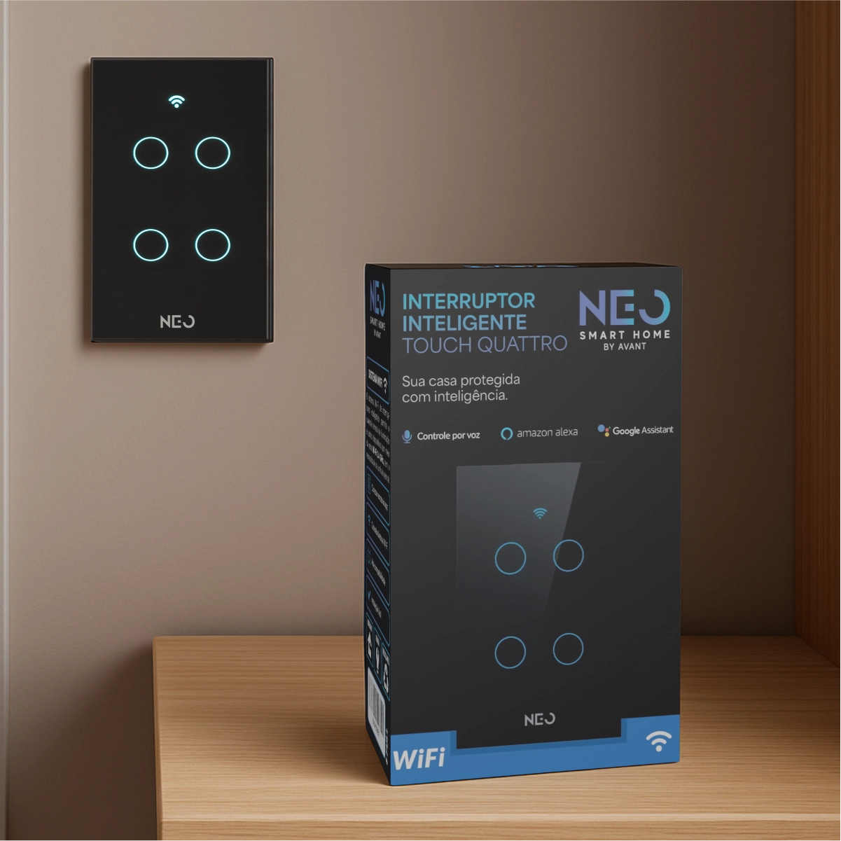 Interruptor Inteligente Smart Wi-fi Alexa Google 4 Botões 4x4 Bivolt Preto Cod: 291990428 Neo Avant