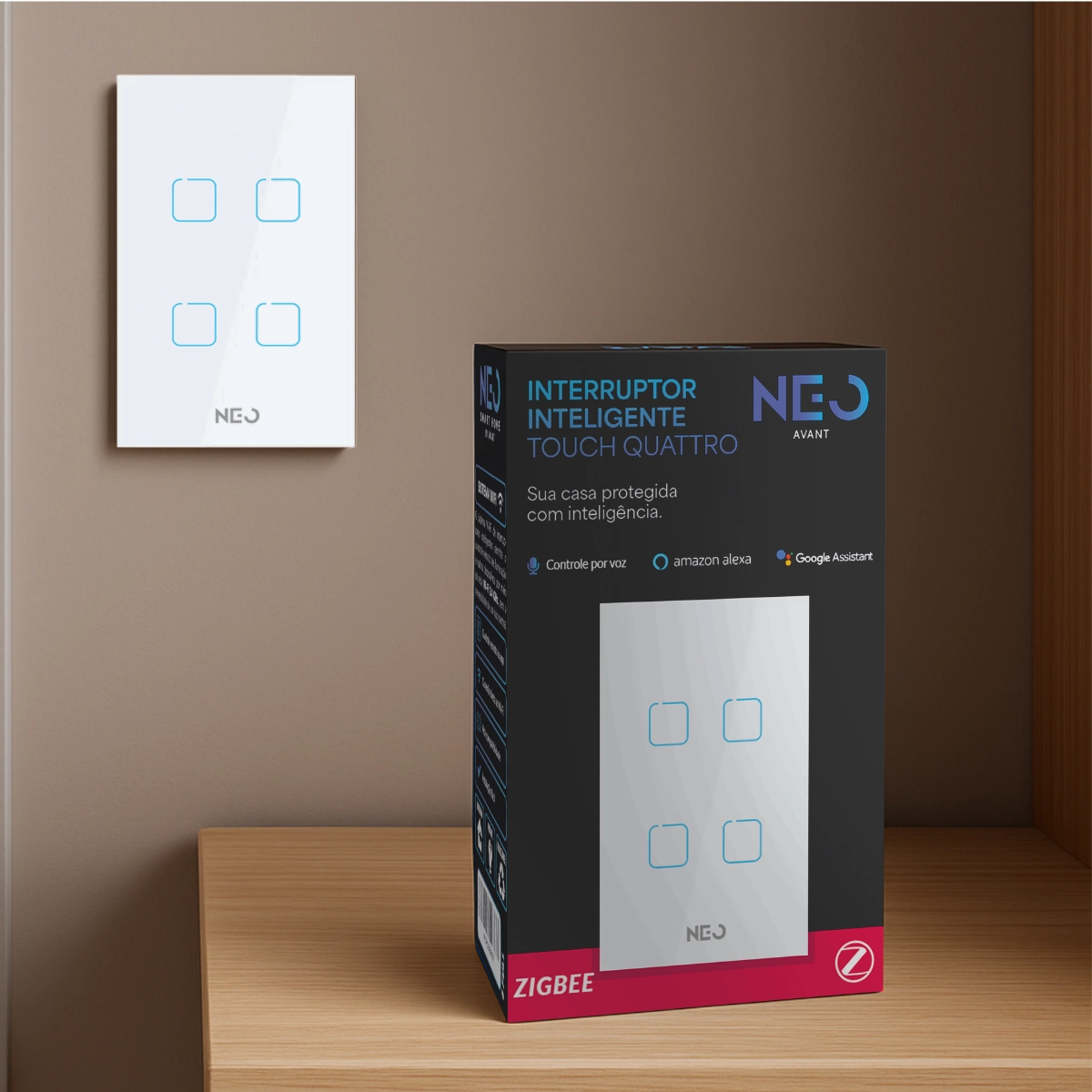 Interruptor Inteligente Smart Zigbee Alexa google 4 Botões 4x2 Bivolt Branco Cod: 291990545 Neo Avant