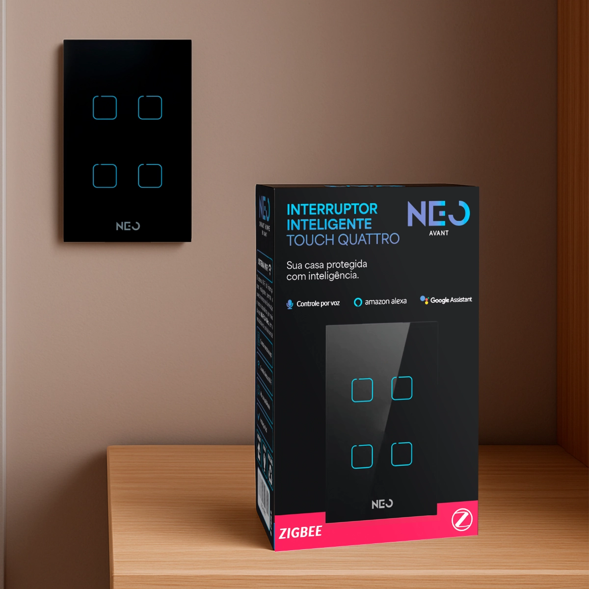 Interruptor Inteligente Smart Zigbee Alexa google 4 Botões 4x4 Bivolt Preto Cod: 291990554 Neo Avant