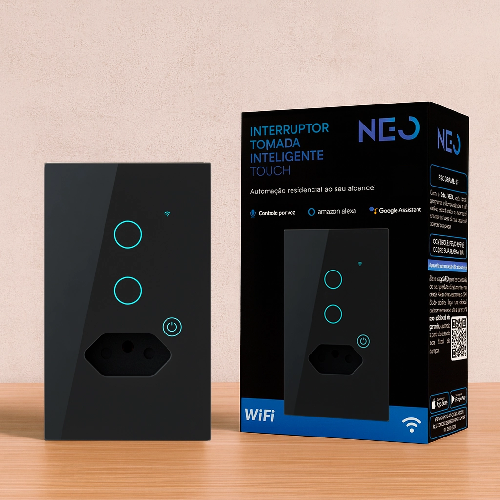 Interruptor Smart Wi-fi 2.4 Ghz Alexa 2 Botões E Tomada 4x2 Bivolt Preto Cod: 291990636 Neo Avant