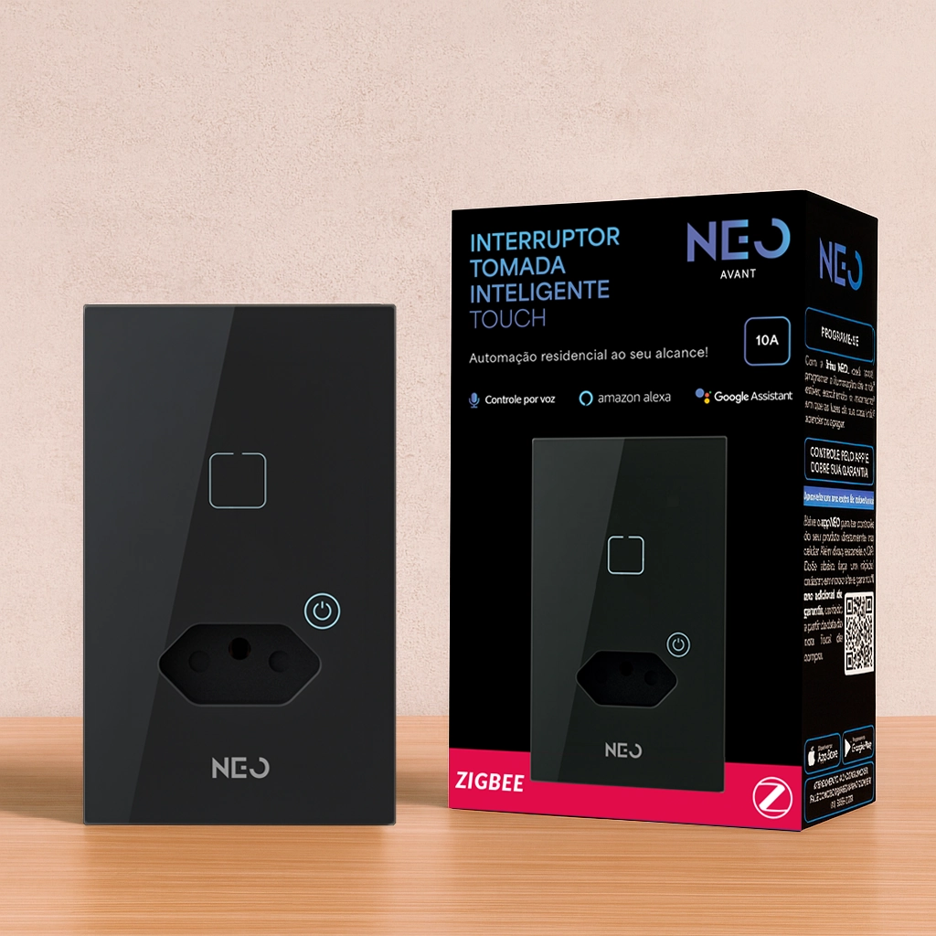 Interruptor Inteligente Smart Zigbee Alexa google 1 Botão Com Tomada 4x2 Bivolt Preto Cod: 291990645 Neo Avant