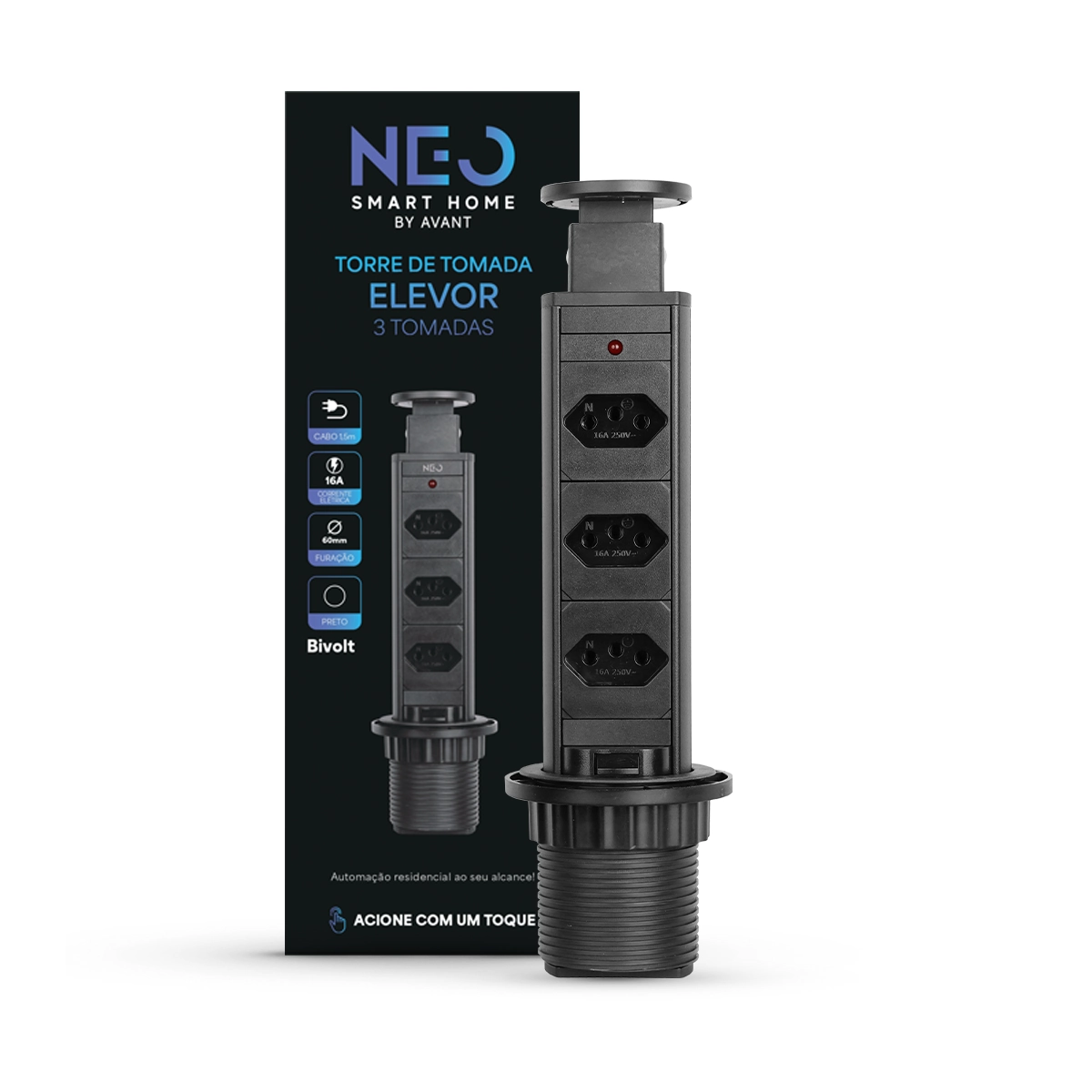 Torre 3 Tomadas Multiplug Retrátil Elevor 3x16a Bivolt Preto Cod: 370010078 Neo Avant