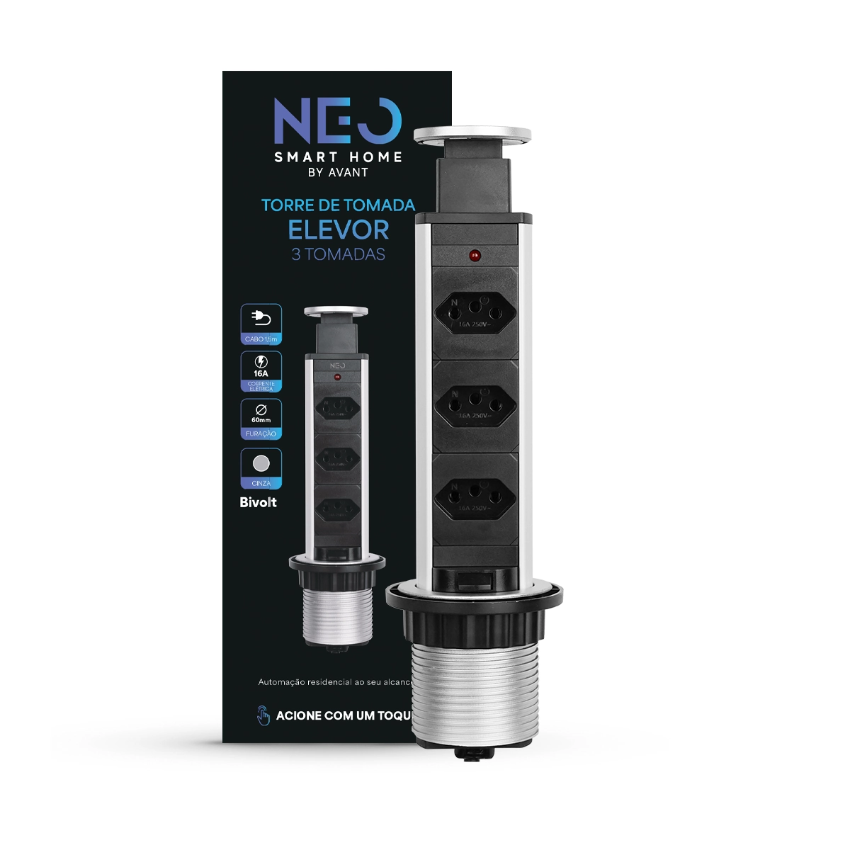 Torre 3 Tomadas Multiplug Retrátil Elevor 3x16a Bivolt Cinza Cod: 370036672 Neo Avant