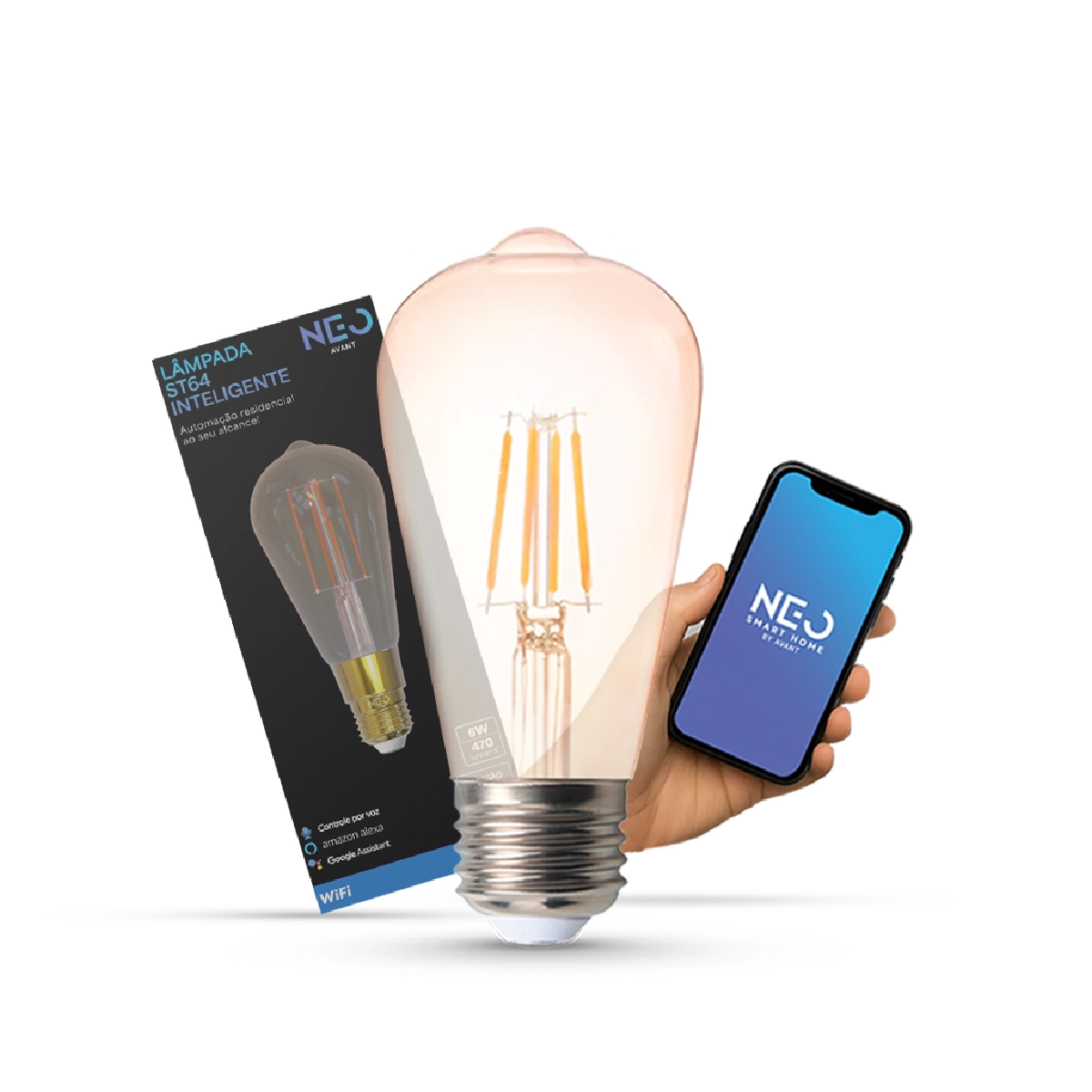 Lampada Led Pera Smart Inteligente St64 6w 1800k/2700k Luz Amarela E27 110v/220v Cod: 290802470 Avant Neo