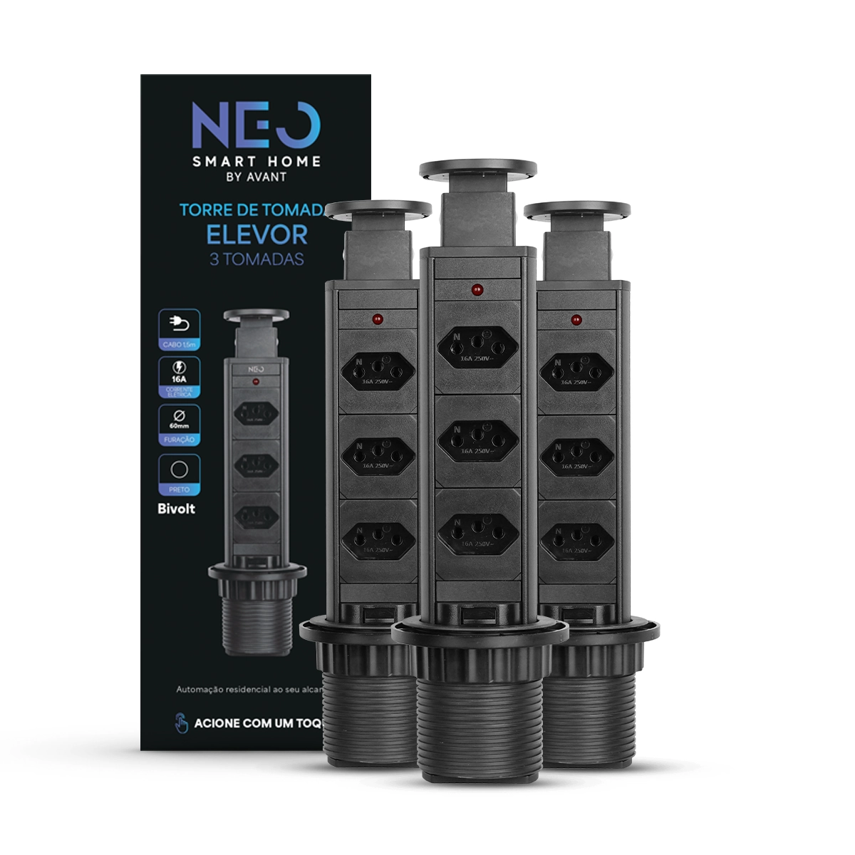 Kit 3 Torre 3 Tomadas Embutir Retrátil Elevor Para Bancada Preto Cod: 370010078-3 Neo Avant