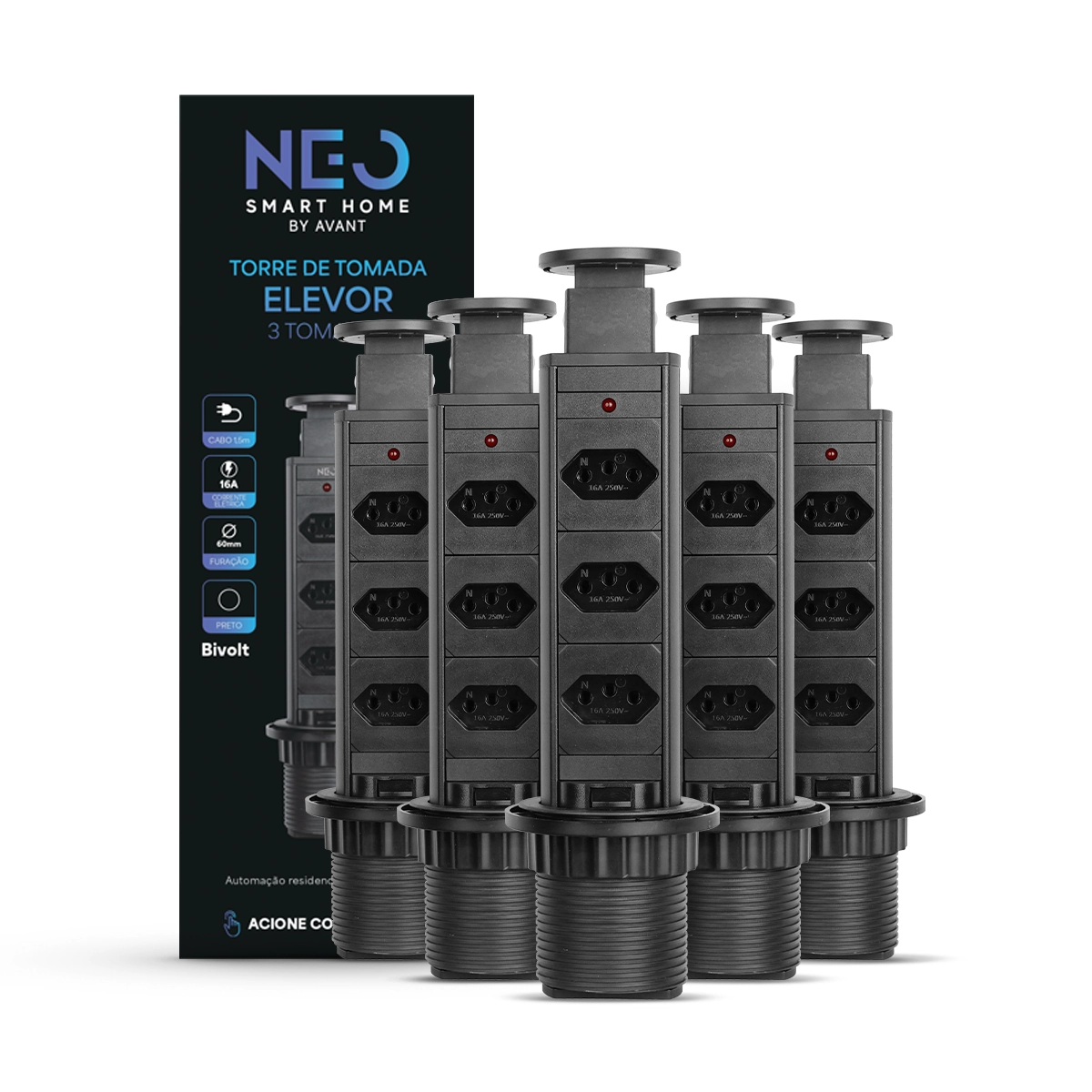 Kit 5 Torre 3 Tomadas Embutir Retrátil Elevor Para Bancada Preto Cod: 370010078-5 Neo Avant