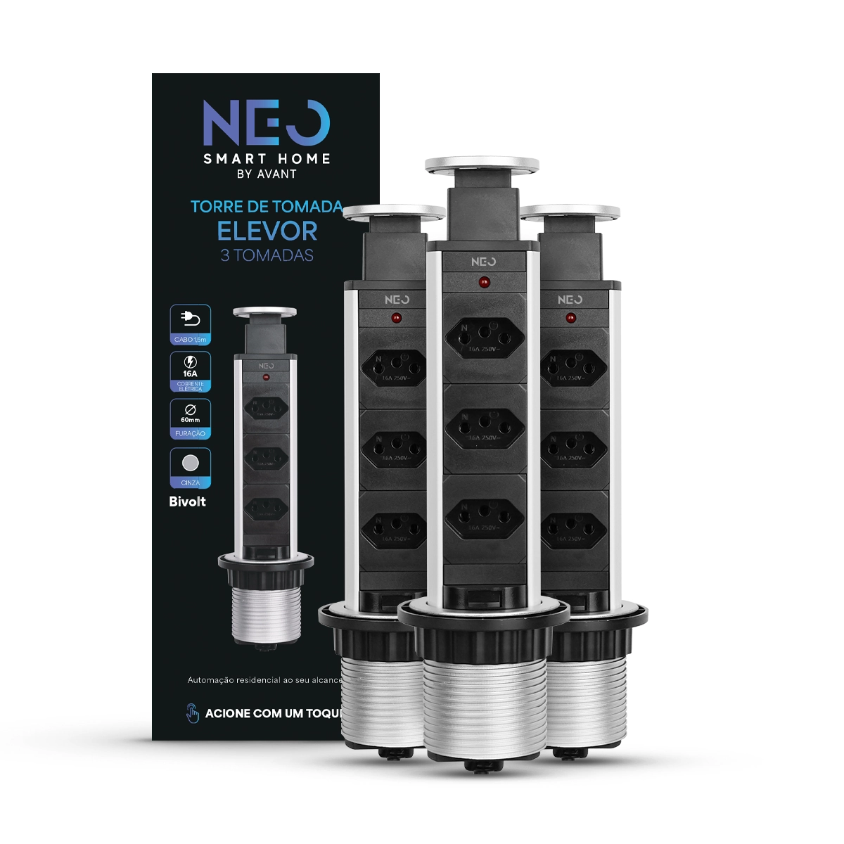 Kit 3 Torre 3 Tomadas Embutir Retrátil Elevor Para Bancada Cinza Cod: 370036672-3 Neo Avant