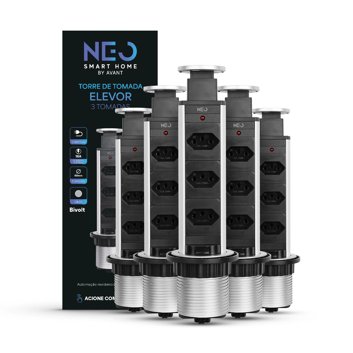 Kit 5 Torre 3 Tomadas Embutir Retrátil Elevor Para Bancada Cinza Cod: 370036672-5 Neo Avant