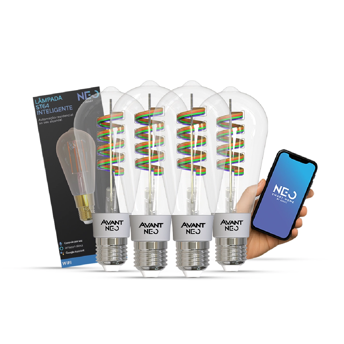 Kit 4 Lampada Led Pera Smart Inteligente Wi Fi St64 6w 2700k/6500k/rgb E27 110v/220v Bivolt Cod: 290812578-4 Neo Avant