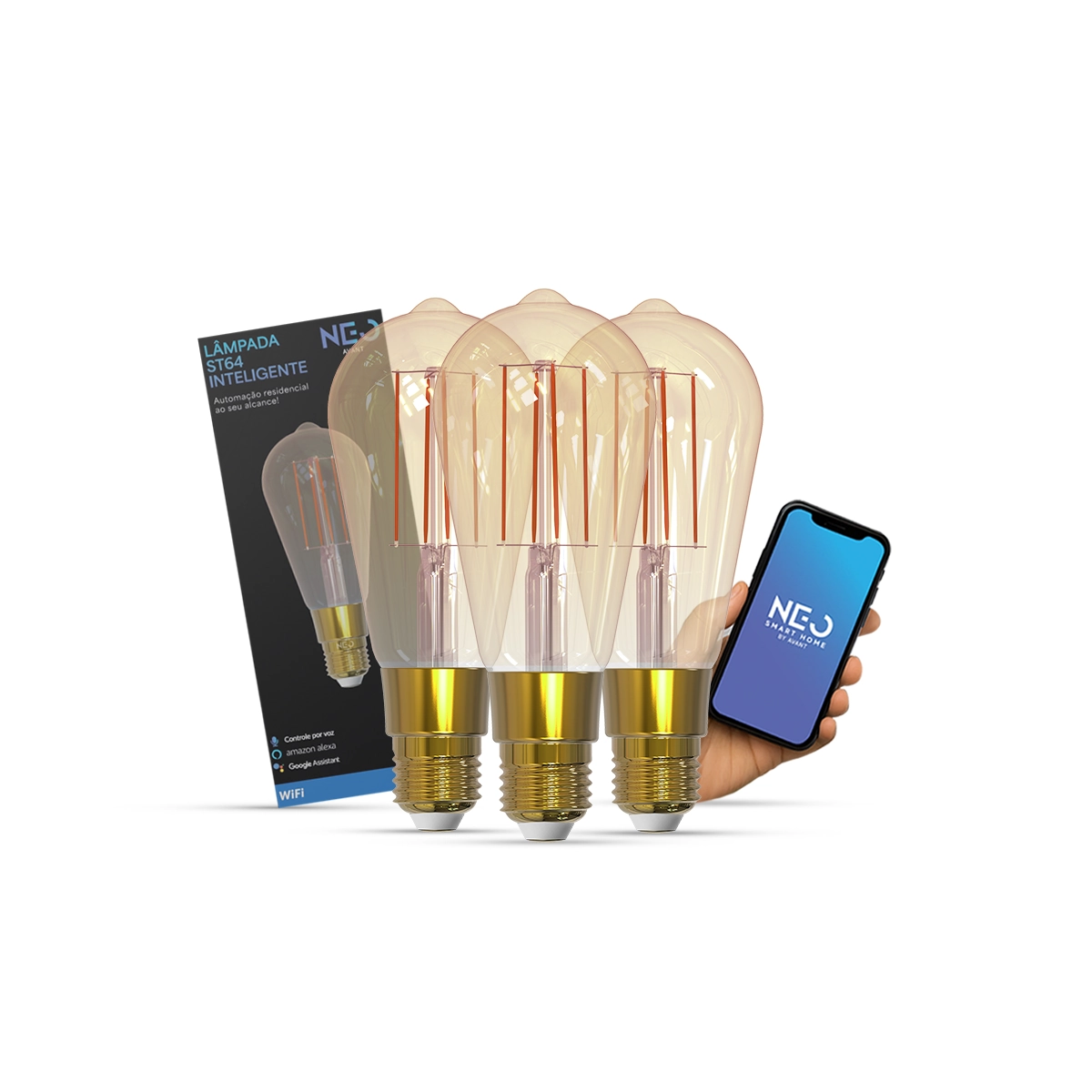 Kit 3 Lampada Led Pera Smart Wifi St64 6w Branco Quente/neutro/frio E27 Cod: 290802470-3 Neo Avant