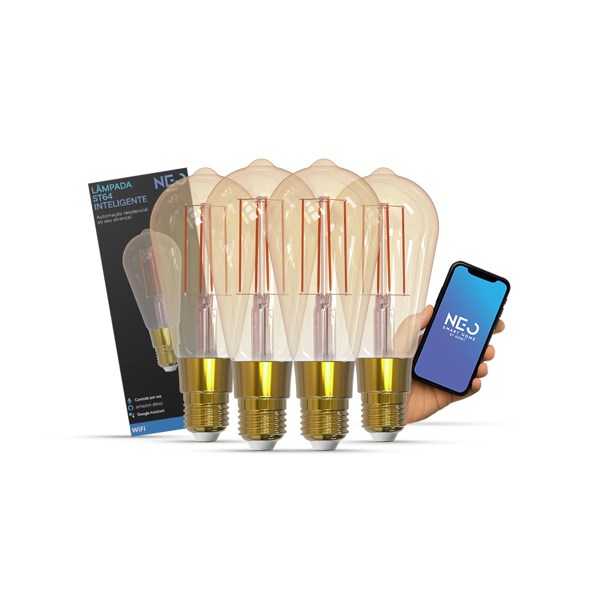 Kit 4 Lampada Led Pera Smart Wifi St64 6w Branco Quente/neutro/frio E27 Cod: 290802470-4 Neo Avant